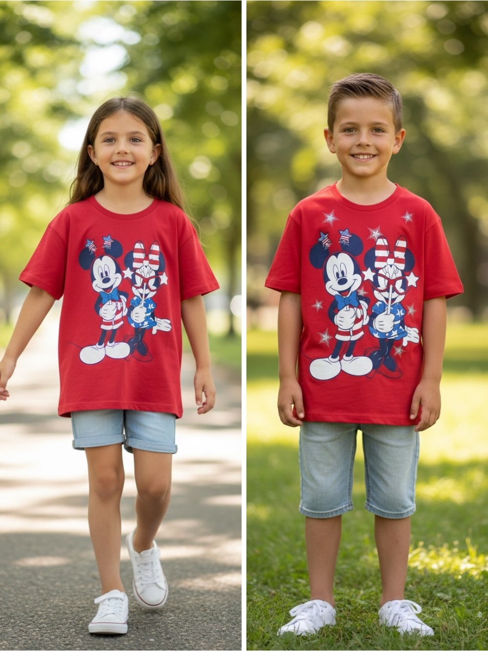 NWT Disney Red Patriotic Mickey Minnie Mouse Short Sleeve Red Tee Unisex Kids XL